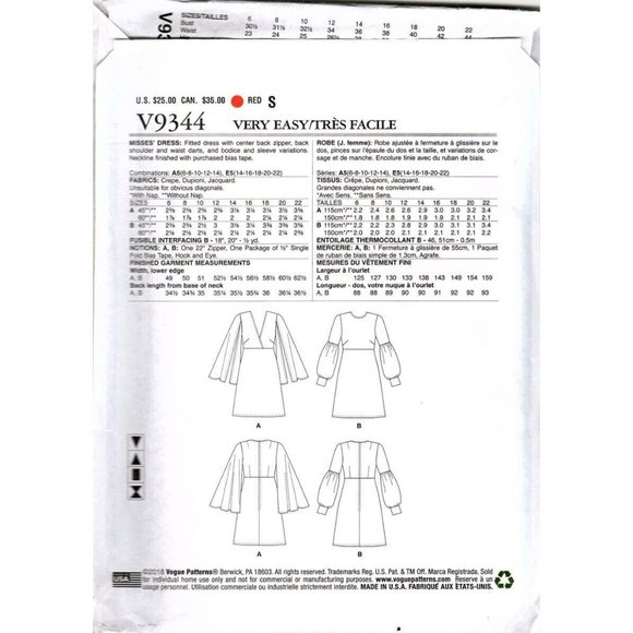 Very Easy Vogue V9344 Misses Dress Size 14 to 22 Sewing Pattern - Picture 2 of 2